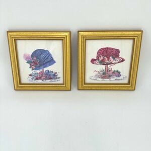 Vintage Pair Gold Framed Hat Illustrations - Cottagecore‎ 7.5"x7.5" Wall Display